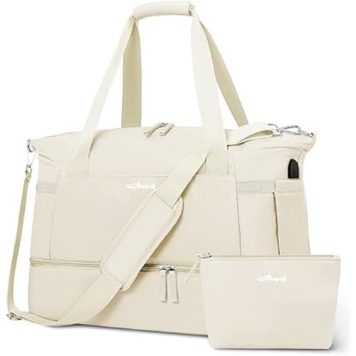 ETRONIK Gym Bag for Women, Personal Item Travel Bag with Shoes Compartment, Weekender Overnight Duffel Bag with Wet Pocket & USB Charging Port, Carry On Bag for Women, Travel, Gym, Weekend (Beige)