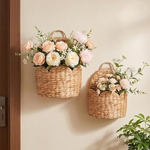 2Pcs Scalloped Wall Baskets, Handwoven Water Hyacinth Hanging Storage, Boho Farmhouse Wall Decor