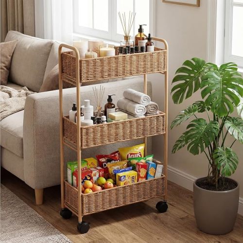 Utility Slim Storage Cart,3-Tier Rolling Kitchen Office Laundry Room Cart,Mobile Shelving Unit Organizer for Living Room Bathroom Baby Diaper Narrow Places (Natural, 3 Tiers-7.1 inch (W))