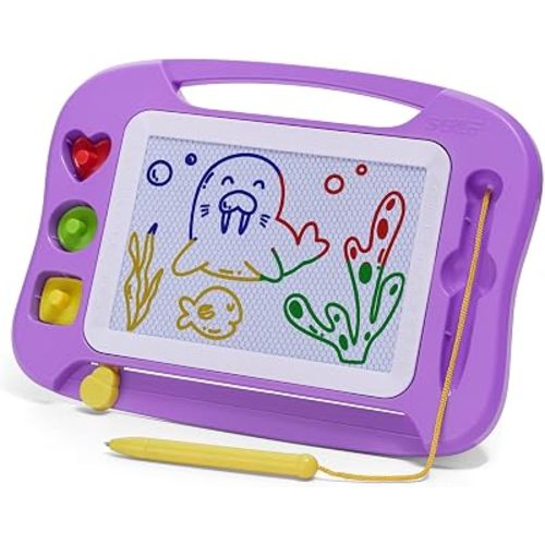 SGILE Large Magnetic Drawing Board, 10×7in Writing Painting Doodle Pad with 3 Stamps for Toddlers, Learning Educational Toy Etch Sketch Gift for 36+ Month Kids Girls Boys, Purple