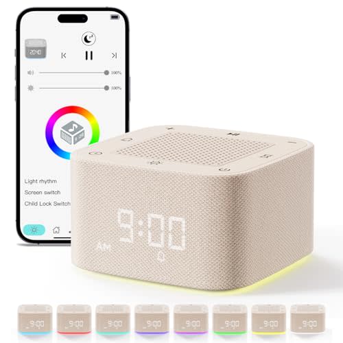 Sound Machine Alarm Clock, 32 Soothing Sounds, 8 Night Light, App Control White Noise Sound Machine with Dimmable Clock, Auto-Off Sleep Timer, Volume Control White Noise Machine for Baby, Kids, Adult