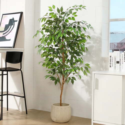 5FT Artificial Ficus Tree with Natural Wood Trunk and Lifelike Leaves, Silk Fake Potted Tree with Wood Branches, Faux Tree for Office Home Decor