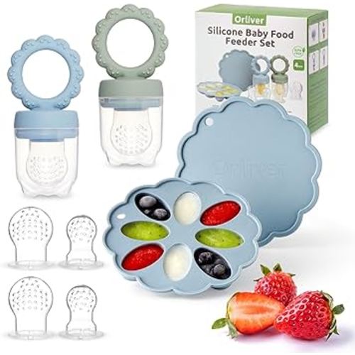 Silicone Baby Fruit Food Feeder & Breastmilk Popsicle Molds Set, Baby Food Freezer Tray for Cooling Teething Relief, Baby Food Feeder for Safe Infant Self Feeding, Includes 6 Extra Food Pacifier