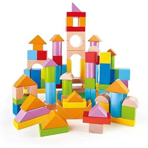 Hape Educational Wooden Beech Blocks Set, 101-Piece Toy for Babies and Toddlers 12+ Months, Shape, Colour and Creativity Development, Includes Sorting Lid and Storage Box