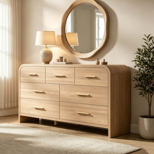 Vintagearth 7 Drawers Dresser for Bedroom, Curved FSC-certified Wood 1.18" Thick Board Dressers & Chests of Drawers for Living Room, Hallway, Entryway, Oak