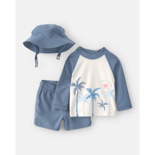 Baby Boy 3-Piece Palm Tree Long-Sleeve Rashguard Swimsuit Set - Blue/White | Carter's