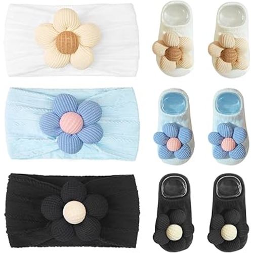 CÉLLOT Baby Girl Headband and Socks, Non-Slip Floral Socks and Soft Floral Nylon Hairbands for Babies Infants and Toddlers(White,Blue,Black)