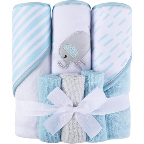 Viviland Baby Towels and Baby Wash Cloths Set Hooded Baby Towels Baby Wipes Absorbent Bath Face Towels Burp Cloths or Face Towels for Girl Boy 6-Pack Size 28 x 28 Inch(Blue Elephant)
