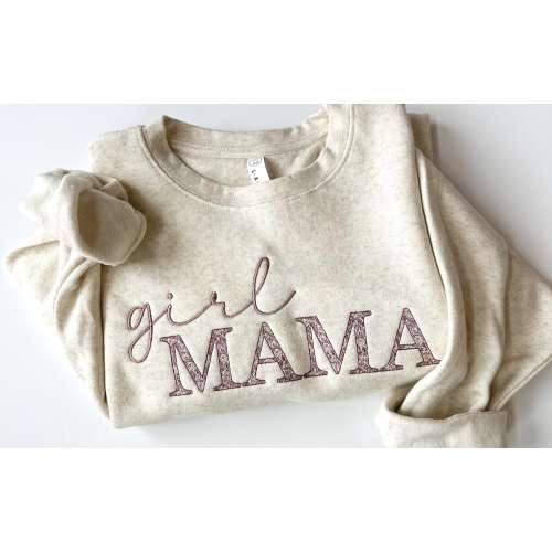 Girl Mama Embroidered Sweatshirt with Floral Pattern Mama Sweatshirt Embroidered for Girl Mom Sweatshirt with Chinoiserie Pattern Letters