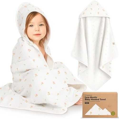 KeaBabies Muslin Baby Bath Towels with Hood for Girl Boy (Tulips, 35x35)