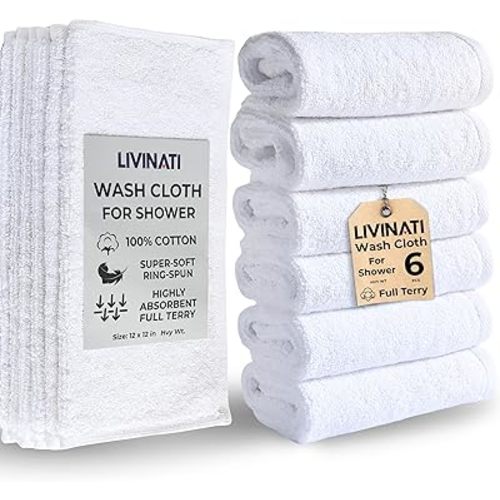 Thick White 100% Cotton Wash Cloths for Showering Body and Face - 12"X12" 6 Pack Washcloths - Small Terry Towel Bath Rags for Adults and Kids Bathroom - Soft Absorbent