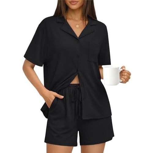 Trendy Queen Pajamas Set for Women 2 Piece Short Sleeve Sleepwear Button Down Pjs Matching Lounge Sets with Pockets