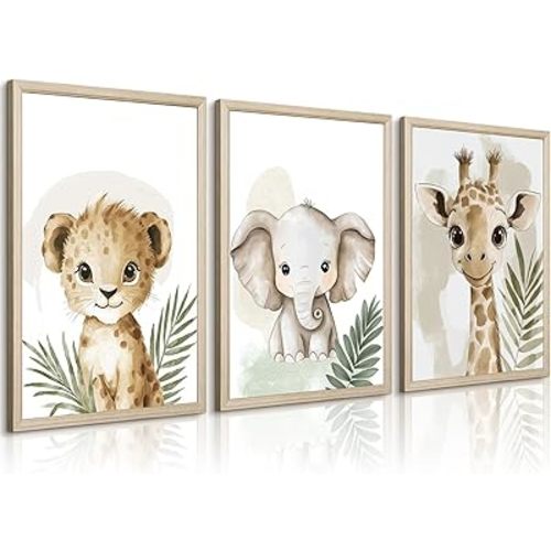 Nursery Animal Wall Art Decor Baby Boy Kids Room Pictures Safari Jungle Nursery Canvas Wall Decor Toddler Woodland Animals Prints Cute Giraffe Poster Artwork for Bedroom 12x16x3 Inch Wood Framed