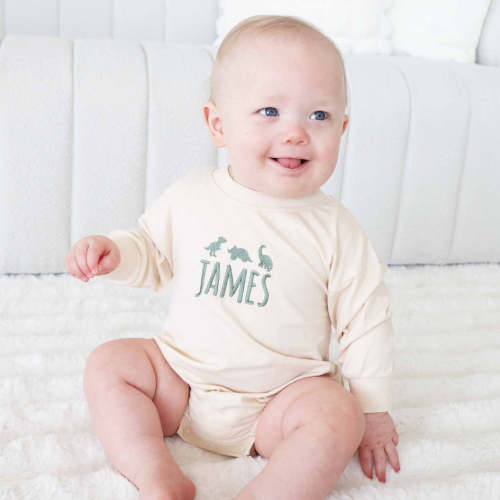Embroidered Dinosaur Long Sleeve Bubble Romper | Natural