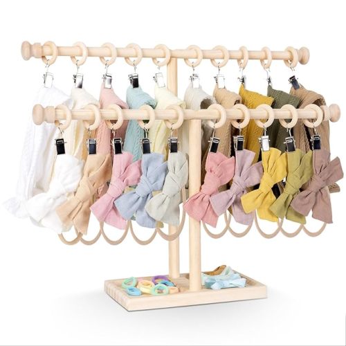 POVETIRE Headband Holder Bow Organizer for Girls,2 Tier Wood | Hair Accessories Storage Stand,Easy to Access and Display,Space-Saving ,Large storage capacity,Nursery Baby Room Decor