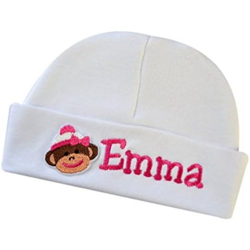 Personalized Embroidered Baby Boy or Girl Keepsake Custom Infant Hat with Sock Monkey