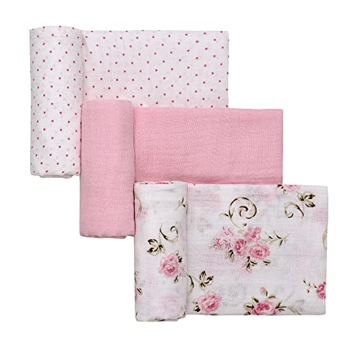 3 Pack Cotton Muslin Swaddle Blankets for Baby, 40" x 36", Lightweight, Breathable, Pink (Little Me Vintage Rose)
