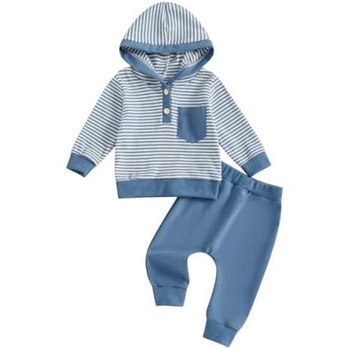 Toddler Baby Boy Fall Winter Clothes Striped Waffle Button Long Sleeve Hoodie Sweatshirt Top and Pants Set