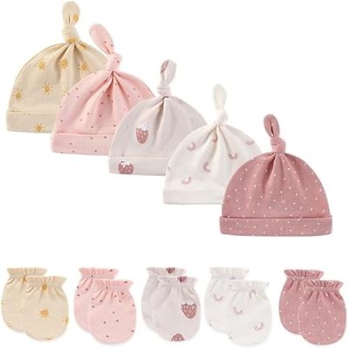 Newborn Baby Cotton 5-Pieces Mittens and 5-Pieces Caps Sets