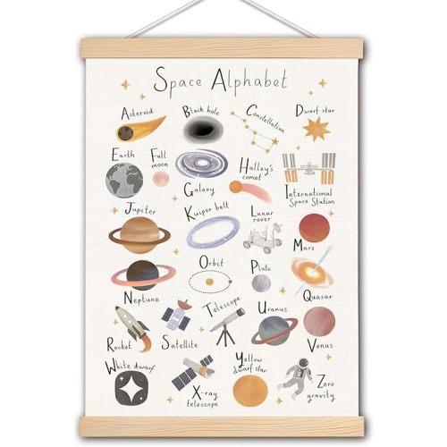 DNEULYR Space Alphabet Canvas Wall Art, Nursery Wall Decor, Space Room Decor, ABC Educational Prints Poster for Toddlers Kids Room Nursery Playroom Classroom, 12x16 Inches