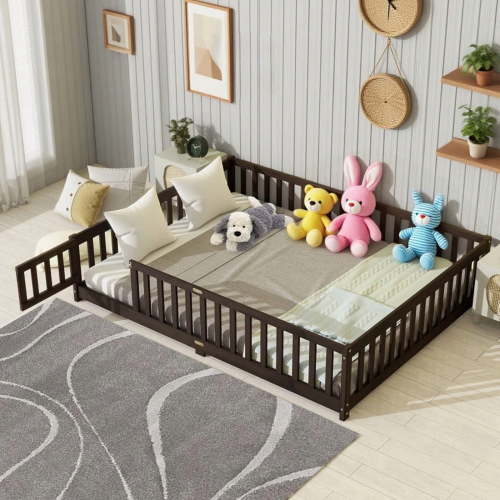 HOCOMILA Queen Size Floor Bed with Fence, Montessori Floor Bed with Slats and Safety Guardrails, Wood Queen Bed, Espresso