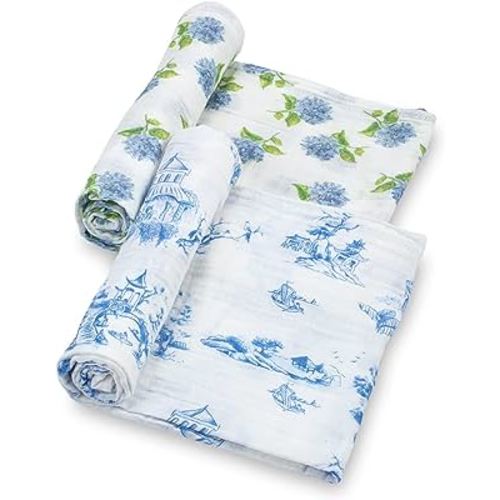 LollyBanks Swaddle Blanket | 100% Muslin Cotton | Newborn and Baby Nursery Essentials for Girls, Registry | Hydrangea and Chinoiserie 2 Pack