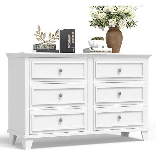 GarveeHome Farmhouse White Dresser for Bedroom with 6 Drawer, Double Dresser TV Stand with Vintage Handle, Wide Wood Dressers & Chests of Drawers, 6 Drawer Dressers for Bedroom, Living Room, Hallway