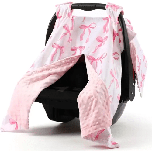 Pink Bow Car Seat Cover Baby Girl, Minky Warm Winter Carseat Covers with Opening Cozy for Newborn Infant Boys Winter Stroller, Nursing Cover Canopy Shower Gift