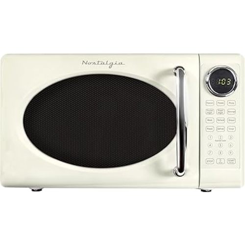 Nostalgia Retro 700W Microwave Oven 0.7 Cu Ft Capacity – Child Safety Lock, 8 Auto-Cook Settings – Countertop Kitchen Appliance – Ivory