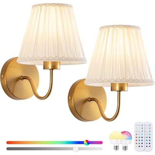 Battery Operated Wall Sconces Set of 2, Wireless Wall Sconces, RGB Rechargeable Dimmable, Brass-Color Vintage Wall Sconce for Bedroom, Living Room, Hallway Bulbs Included