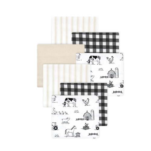 Little Treasure Hudson Baby Cotton Poly Flannel Receiving Blankets Multipack, Black Neutral Farm, 30x30 inches