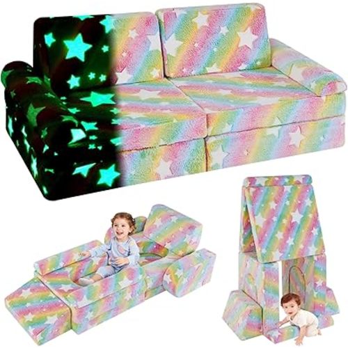 IFNOW Modular Kids Play Couch,Toddler Couch Kids Sofa,Child Sectional Sofa,Bedroom and Playroom Furniture for Toddlers,Convertible Foam and Floor Cushion for Boys and Girls,Glow in The Dark,Star Green