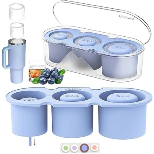 Ice Mold for Stanley Cup 30/40 Oz - Easy Fill and Release Without Touching Ice, Silicone Ice Cube Tray with Clear Lid and Bin for Freezer, Whiskey, Cocktail (Blue)