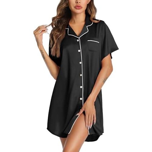 Senert Satin Nightgown for Women Button Down Sleep Shirt Short Sleeve Sleepwear Pajama Dress Boyfriend Nightshirt S-XXL