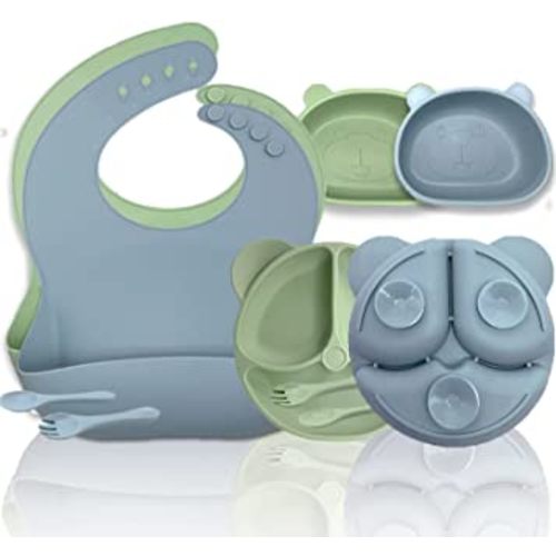 Silicone Baby Feeding Set 10 Pack, Toddlers Self Feeding Supplies with Suction Divided Plate Bowl Adjustable Bib Soft Spoon Fork, Infant Self Eating Utensil Set