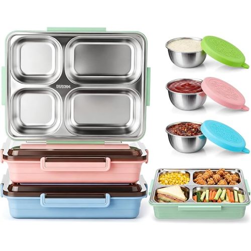 FoldTier 3 Pack Stainless Steel Lunch Boxes Includes 3 Lidded Condiment Cups, 3 Compartment Bento Box Set, Leakproof Lunch Container, Freezer & Dishwasher Safe for Work, Office, Picnic, Travel