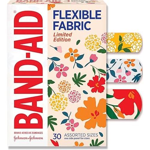 Band-Aid Brand Flexible Fabric Adhesive Bandages, Comfortable Flexible Protection & Wound Care for Minor Cuts & Scrapes, First Aid Bandage with a Wildflower Design, Assorted Sizes, 30 ct