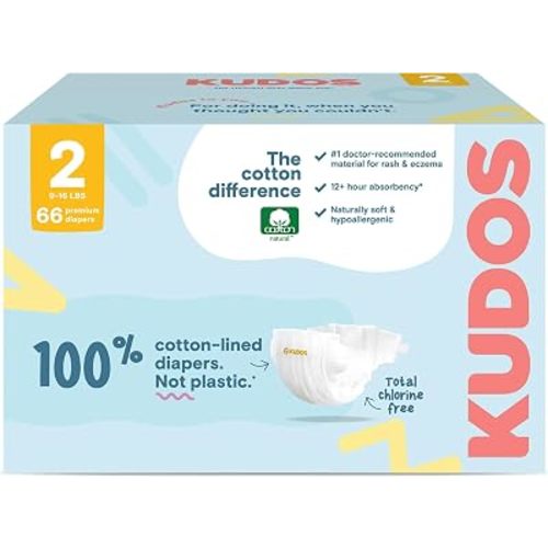 Kudos Diapers Size 2 (9-16 lbs), 66 Ct, 100% Cotton-Lined, Chlorine-Free