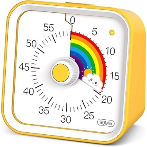 Visual Timer for Kids with Pause Function, Cute Silent Timer with Rainbow for Classroom, Teaching, Task, Kitchen, 60 Minute Countdown Time Management for ADHD (Rainbow Yellow)