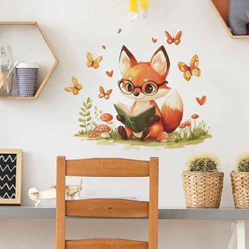 Woodland Fox Reading Wall Decal, Kids Room Nursery Decor with Butterflies and Mushrooms, 11.8 x 23.6 inches