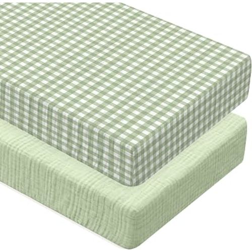Breling 2 Pcs Muslin Green and Green Gingham Crib Sheets for Girl, 52"X 28"