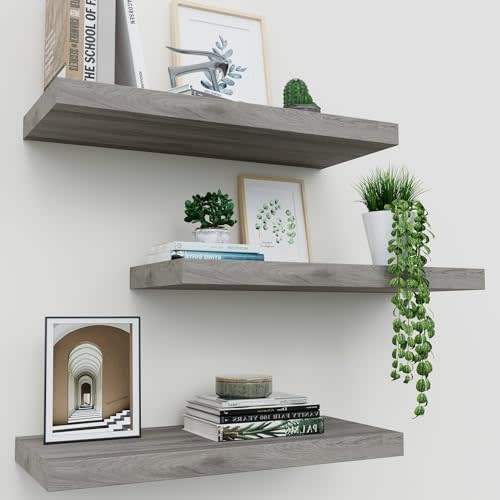 Upassion Gray Floating Shelves for Wall Set of 3, 16" Gray Wall Shelves for Home Decor, Frame Display White Floating Shelf for Living Room, Bedroom, Bathroom, Kitchen
