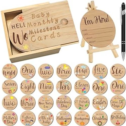Wesiti 31 Pcs Baby Monthly Milestone Sign Wooden Set Double Sided Hello World Milestone Cards Pregnancy Journey Birth Announcement Props for Baby Boy Girl (Novel)