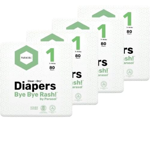 Parasol Clear+Dry Disposable Diapers, RashShield Protection and Leak-Control Fit, Hypoallergenic Diapers, Size 1 (7-14 lbs), 320 Count