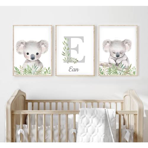 Custom Name Boy, Baby Koala Wall Art Print, Nursery Animals, Australian Animal Digital Download, Set of 3 Prints, Custom gifts