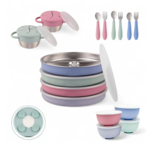 Stainless Steel Mealtime Bundle | Sucton Sleeves | Plates, Bowls, Snack Cups + Toddler Utensils | 16 Pcs | Blush/Lilac/Sage/MistyBlue