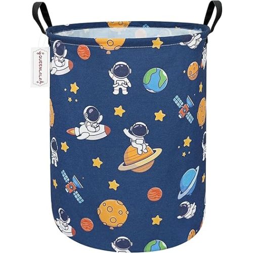 QUEENLALA Large Storage Basket,Laundry Hamper/Bathroom/Home Decor/Collapsible Round Storage Bin,Boys and Girls Hamper/Boxes/Clothing（Round-Yellow Star Astronaut）