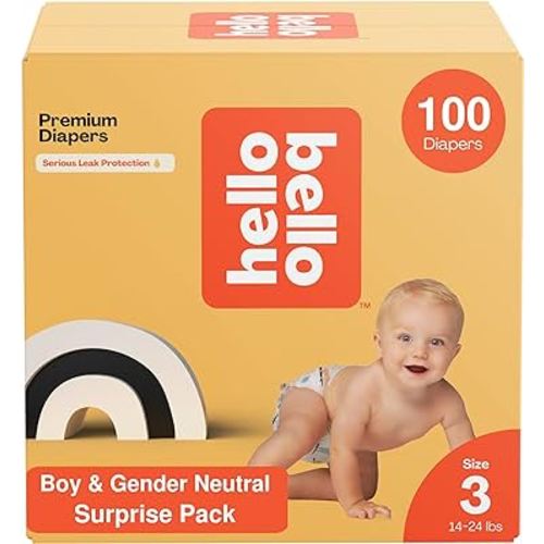 Hello Bello Premium Diapers, Size 3 (14-24 lbs) Surprise Pack for Boys - 100 Count (Pack of 1), Hypoallergenic with Soft, Cloth-Like Feel - Assorted Boy & Gender Neutral Patterns