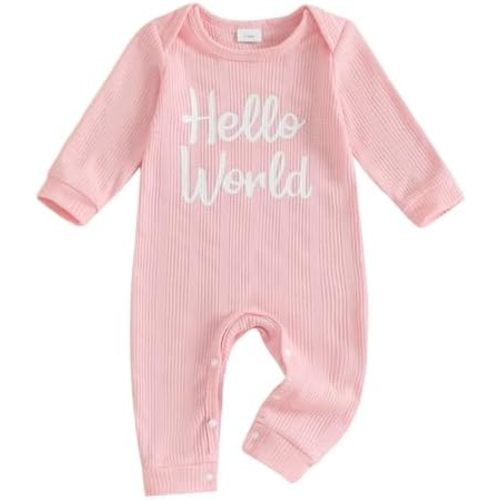 Hello World Newborn Outfit Girl Long Sleeve Romper Ribbed Knit Jumpsuit Baby Girl Fall Coming Home Clothes