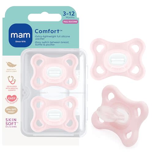 MAM Comfort Baby Pacifier 3-12 Mths Lightweight One-Piece Silicone 2 Pack | One Piece Silicon With Color Free Nipple, BPA-Free, Easy To Clean, Best For Breastfed Babies, Sterilizer Case, Made In Europe